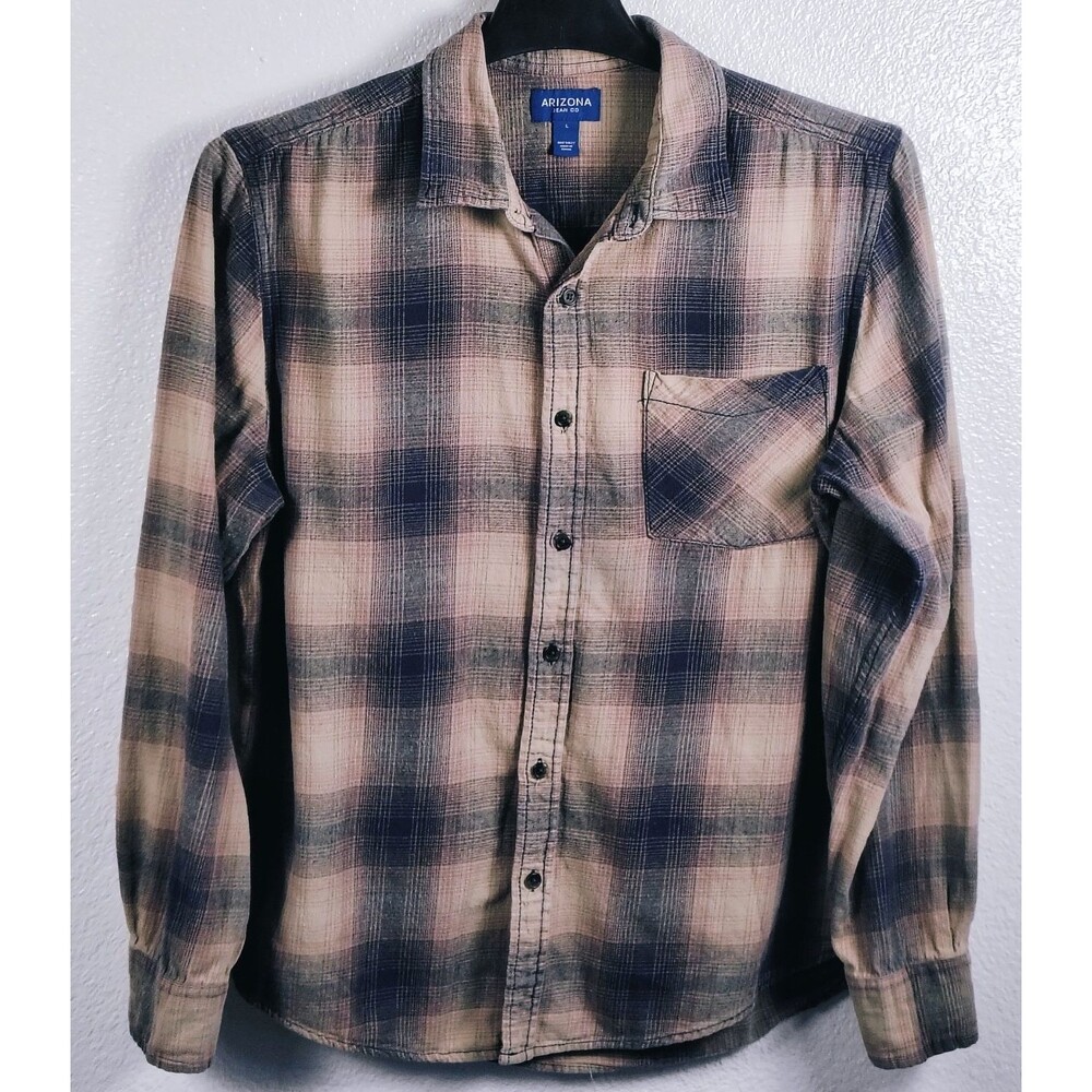 Arizona Jean Co Mens Large Plaid Button up Shirt Long Sleeve Brown Blue